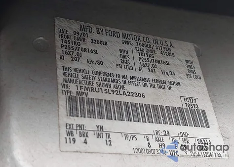 2002 Ford Expedition Xlt z USA, uszkodzony, nr VIN 1FMRU15L92LA22306